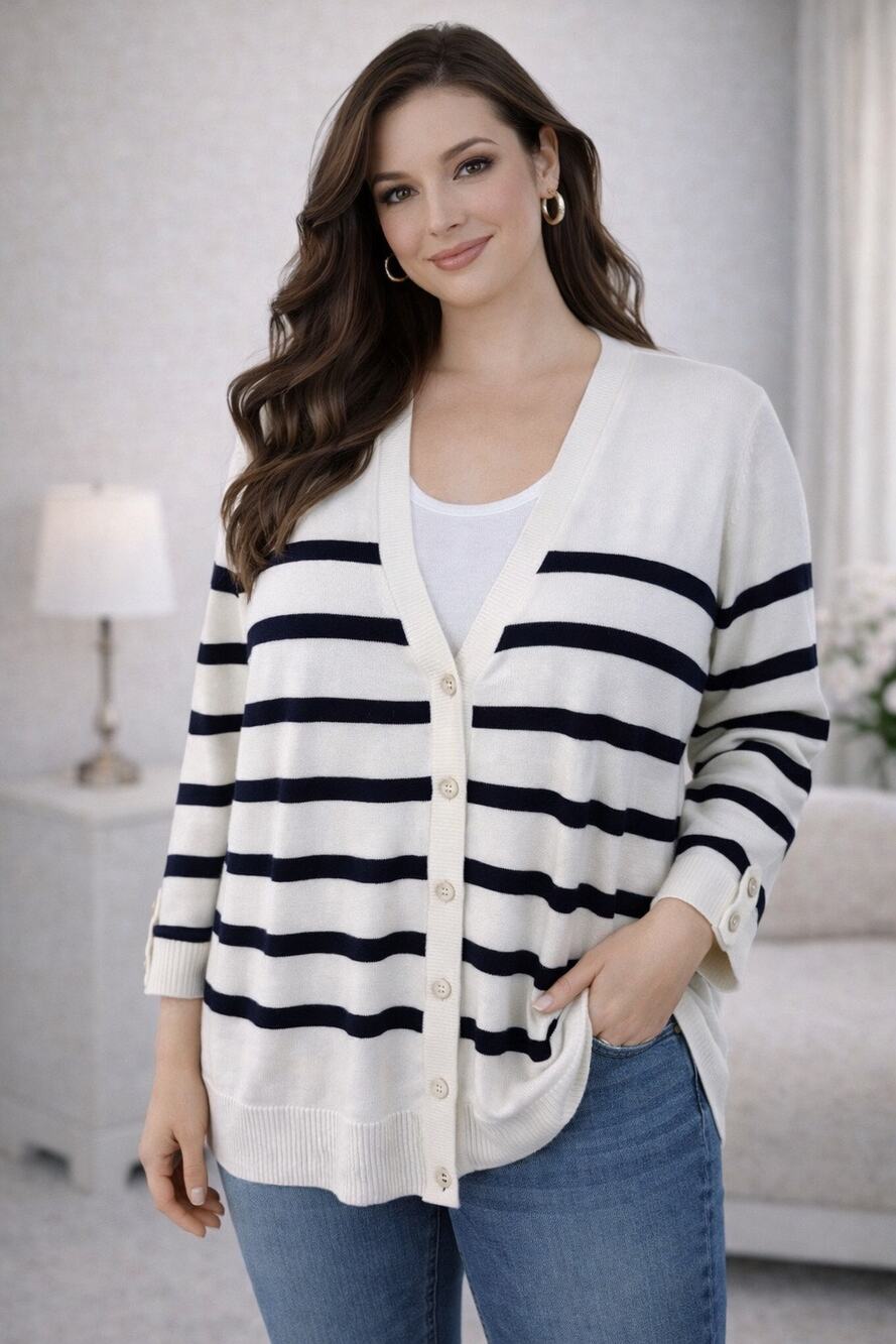 Talbots Cream Navy Striped V-Neck Cardigan Sweater XL